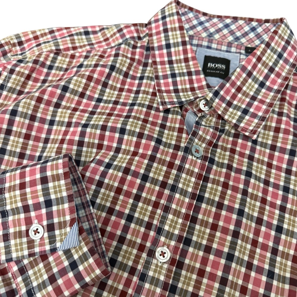 Hugo Boss Mens Regular Fit Plaid Button Down Shirt‎ Red Pink Tan Cotton Large